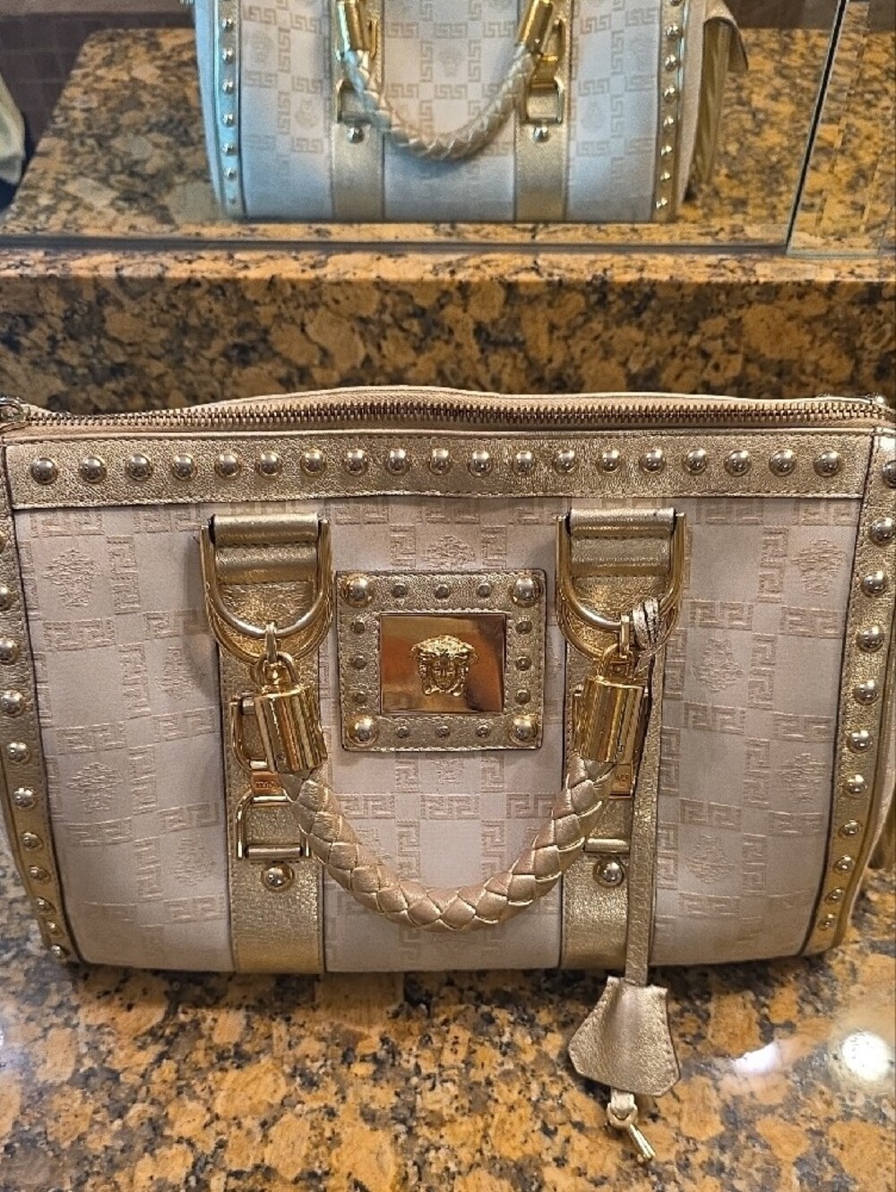 Gorgeous Versace Cream and Gold Medusa Studded Satchel with Braided Handle - Picture 11 of 16